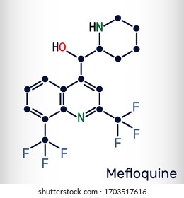 Mefloquine, C17H16F6N2O antimalarial drug molecule. It is medication used to treat malaria, coronavirus disease COVID-19. Structural chemical formula. Vector illustration