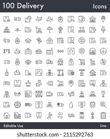 Mega 100 Delivery and Logistic vector line icon set. Contains linear outline icons like Shipment, Courier, Truck, Box, Parcel Tracking, Warehouse, Freight, Transport. Editable use and stroke for Web