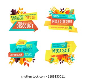 Mega autumn discount with hot price emblems set. Sale and special offer for fall, dry leaves. Off or reduction logos vector illustrations isolated.