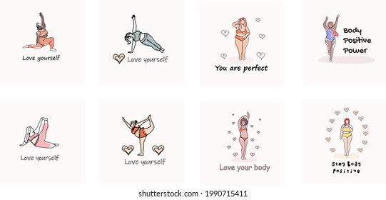 Mega big set of body positive illustrations. Bodypositive concept and recognition of your body. Young beautiful girls are happy. One line trend illustration for web, prints, t-shirt, articles