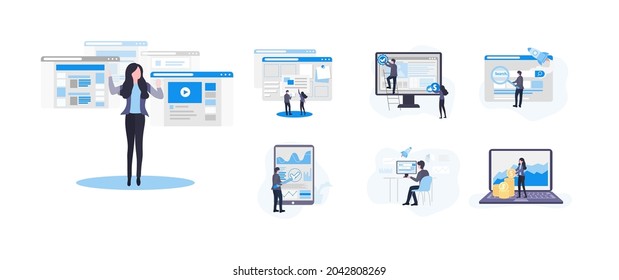 Mega Big set of illustrations. SEO, Web Design, Search Engine Optimization, Investing, Website Development, Business Concept. Vector flat illustration