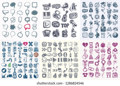 mega big set of sketch drawing doodle icon collection, picnic, travel and camping theme, love romance and medicine vector illustration set