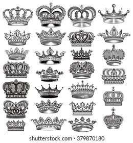 Mega big set of vector hand drawn filigree crowns in vintage style