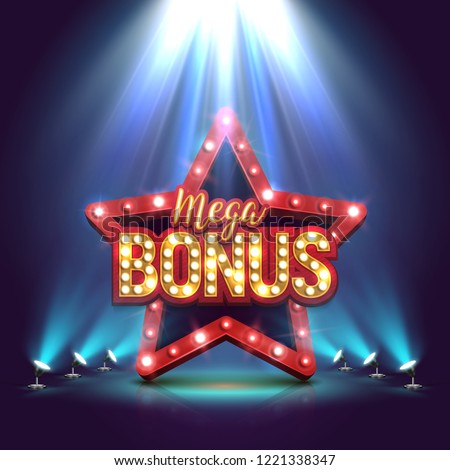 Mega Bonus banner illuminated by spotlights with retro star. Vector illustration.