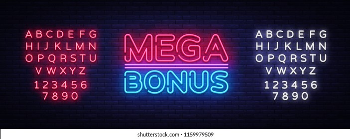 Mega Bonus neon sign vector. Bonus neon text Design template neon sign, light banner, signboard, nightly bright advertising, light inscription. Vector Illustration. Editing text neon sign