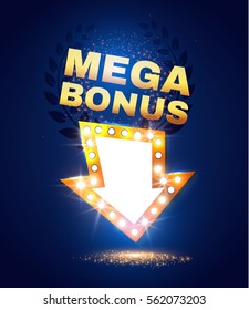 Mega Bonus Retro Banner. Shining Arrow with Laurel Wreath. Game Design. Sale and Win Space. Vector illustration