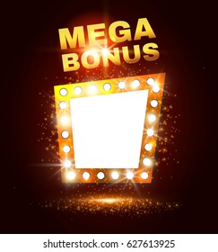 Mega bono. Banner retro brillante con bombillas, polvo dorado y lugar para texto. Casino, Juego, Cine, Venta, Diseño Retro. Ilustración del vector