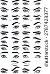 Mega bundle of 19 pairs expressive female eyes, blue color and black and white line art set, comic and manga character design kit, vector illustration, all-in-one bundle