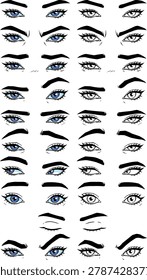 Mega bundle of 19 pairs expressive female eyes, blue color and black and white line art set, comic and manga character design kit, vector illustration, all-in-one bundle