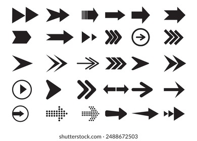  Mega bundle set. Collection different arrows sign. Arrow icon set. Arrow icon vector set. Contains symbol of various arrow head point shape, play, pause, next button symbol. Vector illustration.