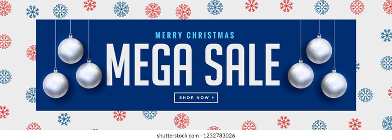 mega christmas sale banner with silver hanging balls