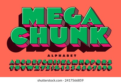 Mega Chunk; an ultra heavy and fat alphabet in brash colors with graphic 3d effects