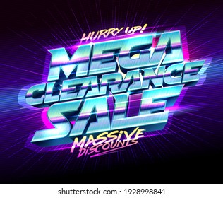 Mega compensação venda, descontos maciços, apressar-se, vetor poster estilo futurismo retro