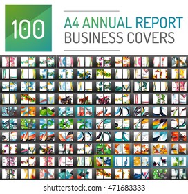 Mega collection of 100 business annual report brochure templates, A4 size covers created with geometric modern patterns - squares, lines, triangles, waves