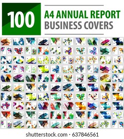 Mega collection of 100 business annual report brochure templates, A4 size covers created with geometric modern patterns - squares, lines, triangles, circles