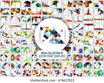 Mega collection of 100 vector annual report print templates, abstract backgrounds with geometric forms - lines, squares, circles, rectangles and triangles. Business presentation design templates