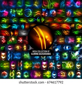 Mega collection of 100 vector glowing effect abstract backgrounds - shiny lines, waves, geometric forms in the dark with glow effect. Business presentation design templates, brochure or flyer concepts