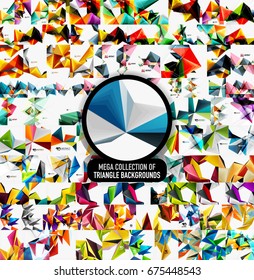 Mega collection of 100 vector triangle pattern backgrounds - overlapping geometric shapes textures with shadow effects. Business or digital technology presentation layouts, brochure or flyer concepts