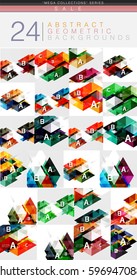 Mega collection of 24 low poly triangle abstract backgrounds. Colorful triangles and lines with sample text and infographics