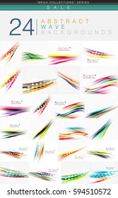 Mega collection of 24 wave abstract backgrounds. Colorful blurred wavy curve lines on light backgrounds with design effects