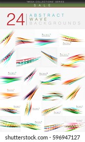 Mega collection of 24 wave abstract backgrounds. Colorful blurred wavy curve lines on light backgrounds with design effects