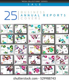 Mega collection of 25 business annual reports brochure cover templates. Vector A4 size business abstract backgrounds created with geometric shapes - lines, triangles, squares