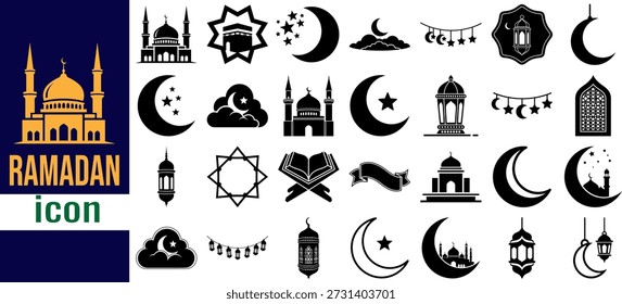 Mega Colección de 28 íconos islámicos con siluetas detalladas de mezquitas Lunas crecientes con estrellas Linternas ornamentadas y símbolos del libro sagrado del Corán para el Ramadán Kareem