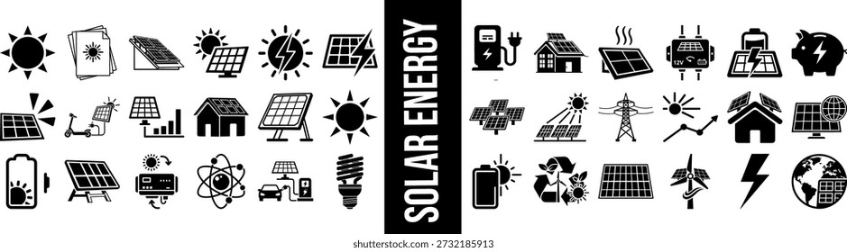 Mega-Kollektion von 36 Solar-Energie-Icons mit Sonnenkollektoren Sun Power Stromerzeugung Erneuerbare Energie Symbole und umweltfreundliche Smart Home Grafiken
