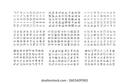 mega collection of 450 icons with line style, such as arrow, business, ecology, artificial intelligence, health and hospital, e commerce, university, multimedia, weather and finance.