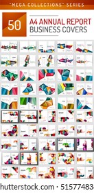 Mega collection of 50 business annual report brochure templates, A4 size covers created with geometric modern patterns - squares, lines, triangles, waves