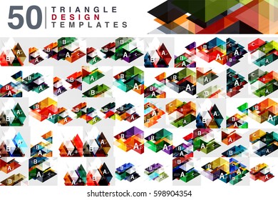 Mega collection of 50 color transparent triangle abstract backgrounds. Geometrical triangle repetition mosaic style