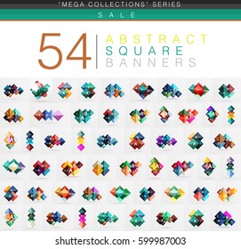 Mega colección de 54 banners web geométricos cuadrados con texto de ejemplo de opción. Plantillas geométricas de cuadros de estilo origami de colores brillante