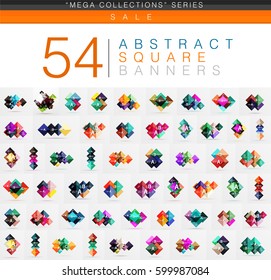 Mega colección de 54 banners web geométricos cuadrados con texto de ejemplo de opción. Plantillas geométricas de cuadros de estilo origami de colores brillante