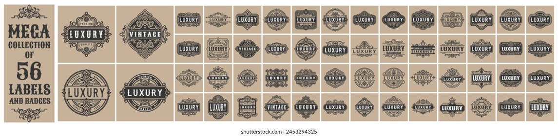 Mega Collection of 56 Vintage typographic decorative ornament design elements set vector illustration, featuring labels and badges, luxurious fancy logo symbols, elegant calligraphic swirls.