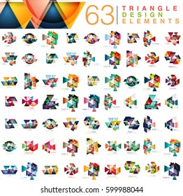 Mega collection of 63 modern color triangles abstract design elements. Geometrical elegant business or technology triangle style templates