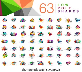 Mega collection of 63 triangle low poly design templates isolated on white. Colorful geometrical modern abstract backgrounds
