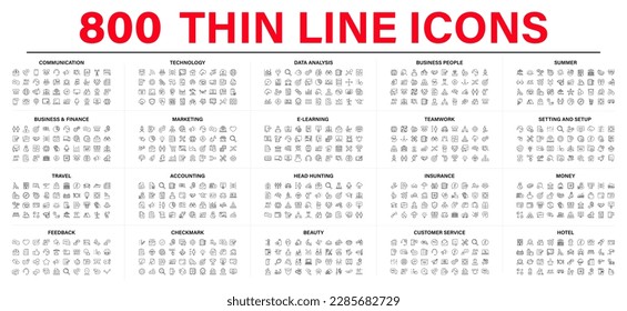 Mega collection of 800 thin line web vector icons. Contains such Icons as Business, Technology, Beauty, Travel, Summer, E-learning, Settings, Insurance, Marketing, Insurance and more. Editable Stroke