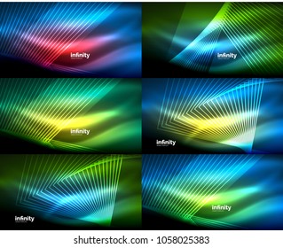 Mega collection of abstract neon backgrounds, glowing shiny lines in dark. Techno digital abstract space light backgrounds. Vector illustrations