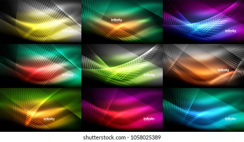 Mega collection of abstract neon backgrounds, glowing shiny lines in dark. Techno digital abstract space light backgrounds. Vector illustrations