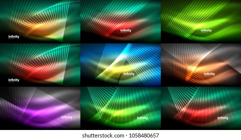Mega collection of abstract neon backgrounds, glowing shiny lines in dark. Techno digital abstract space light backgrounds. Vector illustrations