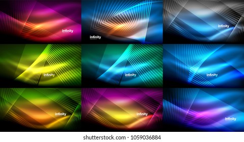 Mega collection of abstract neon backgrounds, glowing shiny lines in dark. Techno digital abstract space light backgrounds. Vector illustrations