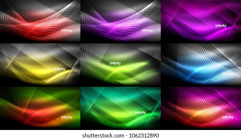 Mega collection of abstract neon backgrounds, glowing shiny lines in dark. Techno digital abstract space light backgrounds. Vector illustrations