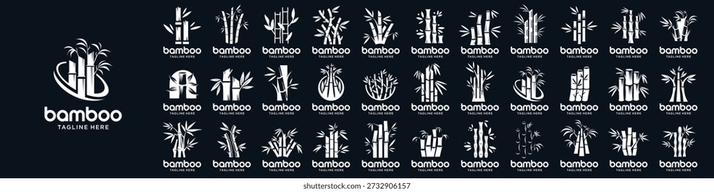 mega collection of bamboo tree logos. set of icon bamboo leaves white and black background.