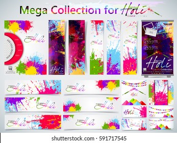 Mega Collection of Beautiful Indian festival Colorful Happy Holi celebrations with colors splash on grungy banner or header Design vector illustration design and abstract background...