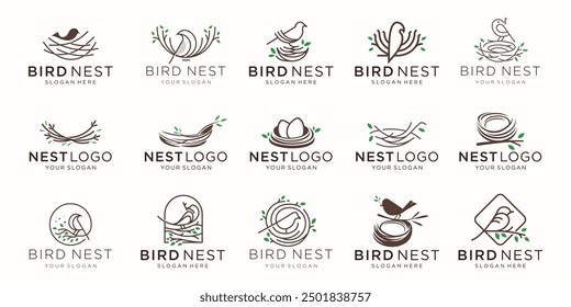 mega collection of bird's nest logo design template. minimalist root house line and leaves green modern concept.