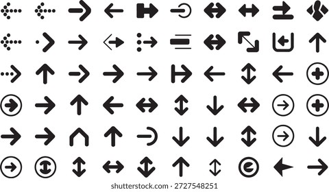 Mega collection of black arrow icons and UI elements, various vector pointers, plus signs, directional symbols, and web navigation icons for app and infographic design.