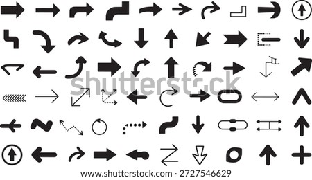 Mega collection of black arrow icons and directional symbols, various vector pointers, zigzag arrows, circle icons, and web navigation elements for infographic design