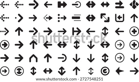 Mega collection of black arrow icons and UI elements, various vector pointers, plus signs, directional symbols, and web navigation icons for app and infographic design.