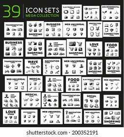 Mega collection of black glossy icon sets with 3d effect - 39 computer pictogram sets