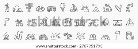 Mega Collection of Camping, hiking, and outdoor adventure line icon set – editable outline symbols of tent, backpack, map, campfire, mountain, and travel